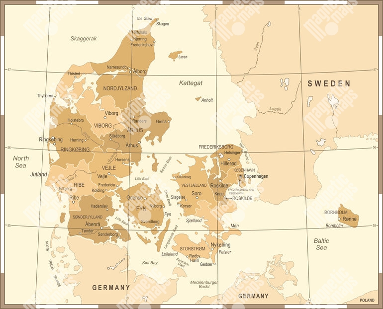 Magnetická mapa Dánska ilustrovaná rámeček hnědá